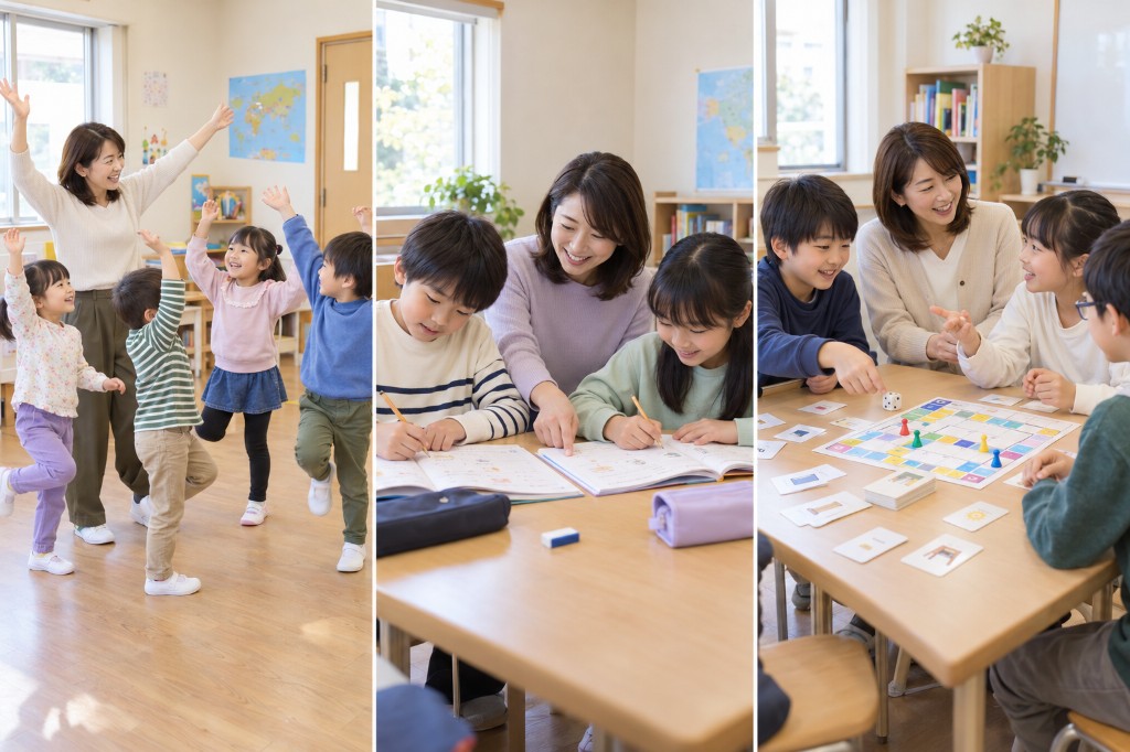 小学生クラス - 歌やゲーム、ワーク学習、少人数での英語レッスン風景