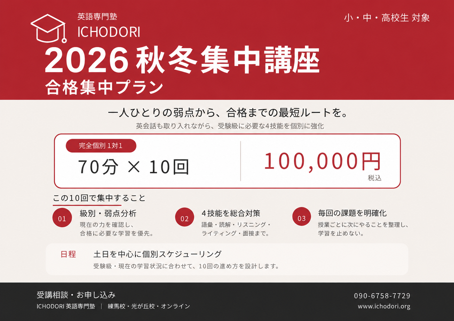 2026秋冬集中講座 合格集中プランのご案内。完全個別1対1・70分×10回・100,000円税込。土日を中心に個別スケジューリング。練馬校・光が丘校・オンライン。